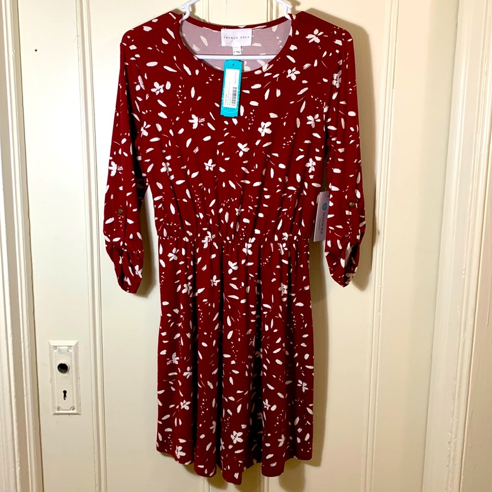 French Grey 3/4 sleeve burgundy short dress